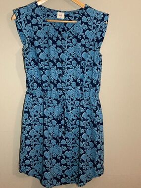 Cabi Blue Floral Sleeveless Dress Drawstring Waist Buttons Sz S